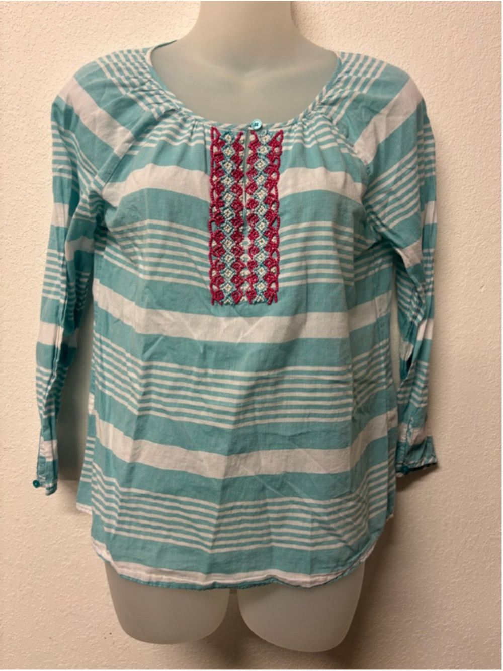 Talbots Teal & White Striped beaded Light Cotton Top Small